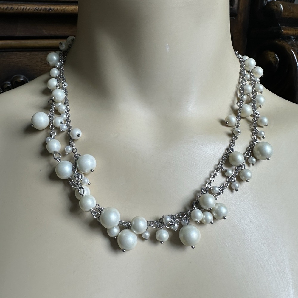 Talbots Statement Necklace 36 Inch Faux Pearl Cluster Beaded Dangles Silver Tone